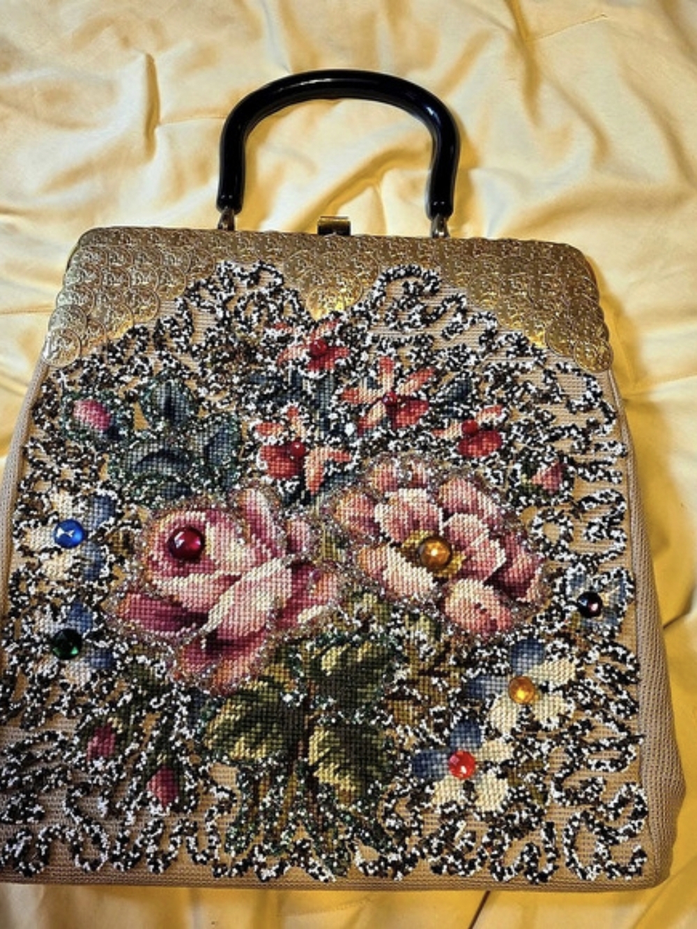 VTG 1950's Jolles Tapestry Floral & Coin Beaded Needlepoint Kiss Lock Handbag